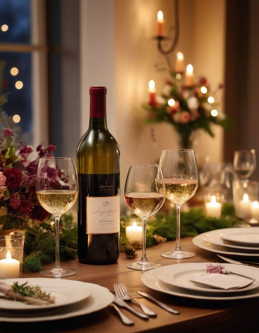 A luxurious wine setting, featuring a beautifully arranged table with various wine glasses and gourmet food pairings for different celebrations. Soft candlelight illuminates the scene, creating an intimate atmosphere, while bottles of fine wine display elegant labels. Include small decorative accents like fresh flowers and elegant cutlery. The background hints at a festive gathering with blurred fairy lights. super-realistic. warm tones. elegant styling.