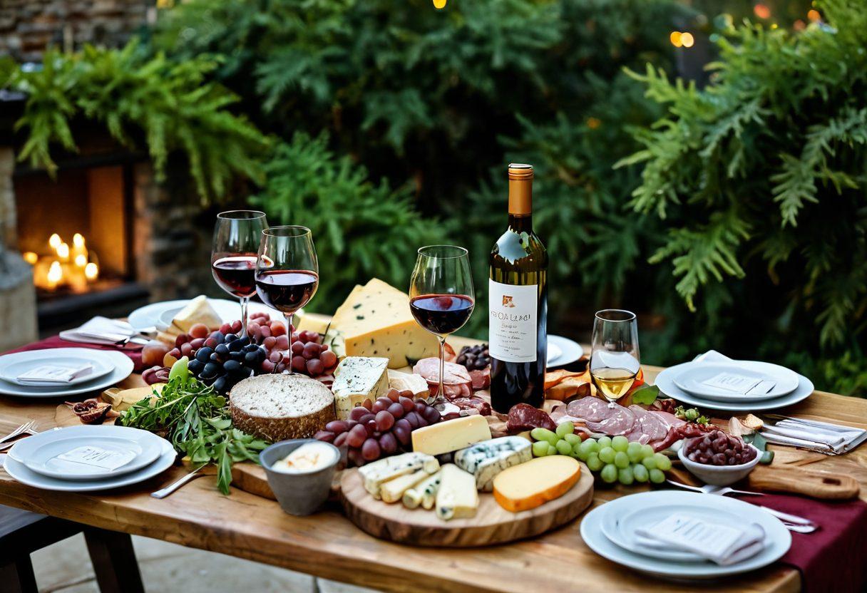 A cozy, elegantly set table featuring an array of wine bottles surrounded by sparkling glasses, complemented by a colorful cheese and charcuterie board. Soft candlelight creates a warm atmosphere, with lush green plants in the background. Include a person joyfully exploring wine labels, reflecting the art of selection. The scene communicates relaxation and sophistication. super-realistic. warm colors. soft focus.