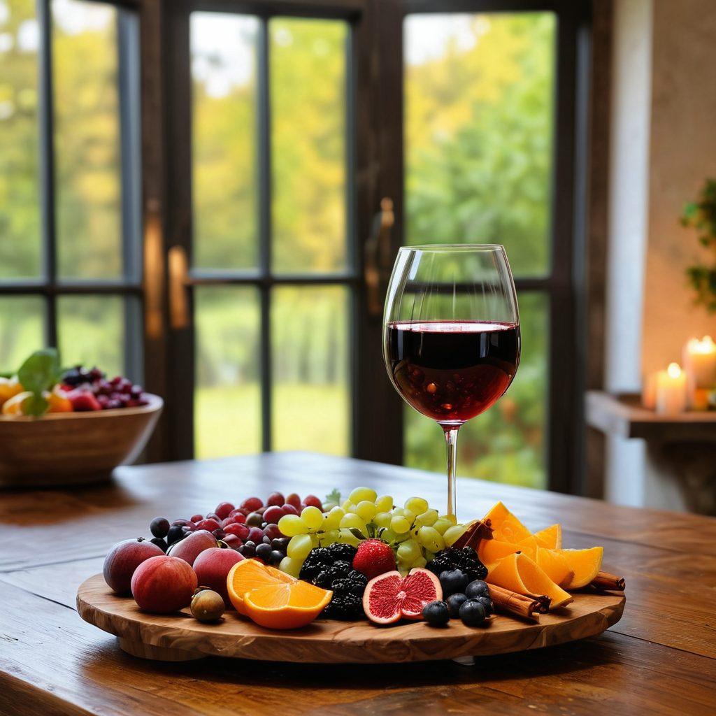 A sophisticated wine glass filled with a deep red wine, surrounded by vibrant splashes of various fruits, spices, and herbs that represent different wine flavors. In the background, a rustic wooden table set with a charcuterie board and flickering candlelight, evoking a cozy happy hour atmosphere. Subtle hints of a vineyard landscape can be seen through a window, adding depth. Warm and inviting color palette. super-realistic. vibrant colors. 3D.